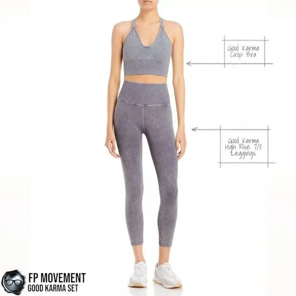 FP MOVEMENT GOOD KARMA SET: CROP TANK BRA + HIGH RISE LEGGINGS IN GREY PURPLE - Picture 2 of 16